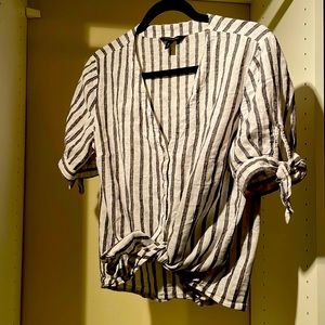 Classic Striped banana republic linen blend tie-front blouse